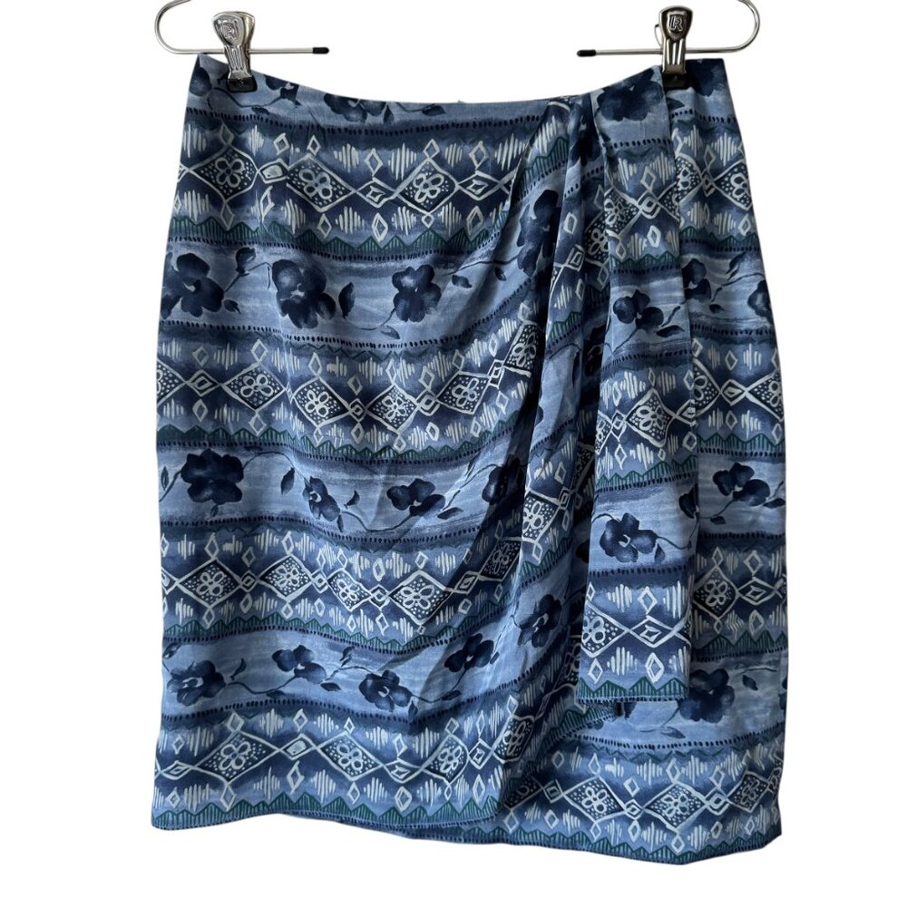 Charter Club Sz 10 Silk Faux Wrap Skirt Lined Lightweight Blue Floral Geometric